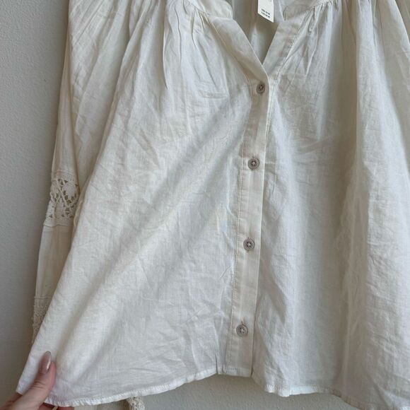 NWT Aerie Crochet Sleeve Cream Button Down Cotton Gauze Size XL Relaxed Boho Top - Picture 5 of 7